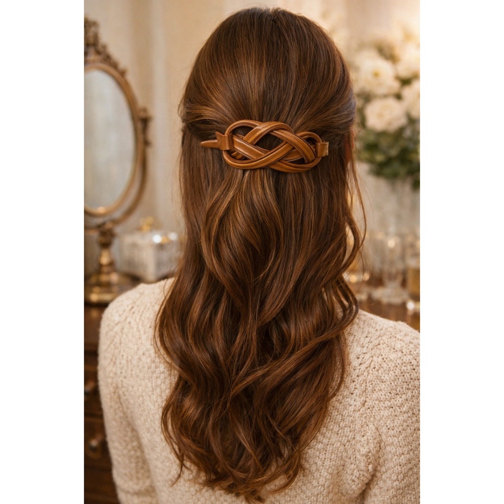 Vintage 70s Hair Barrette Leather Brown Buckle‎ Clip Retro Hair Accessory